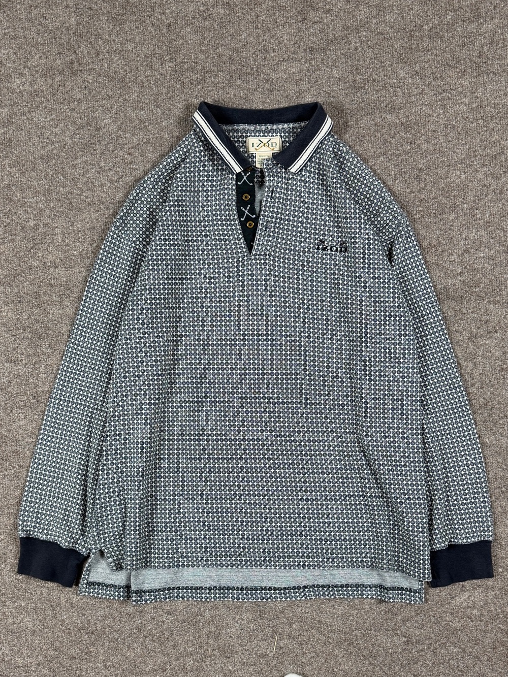 Vintage Izod Golf Long Sleeve Polo Shirt Men’s Large Black White Retro Pattern